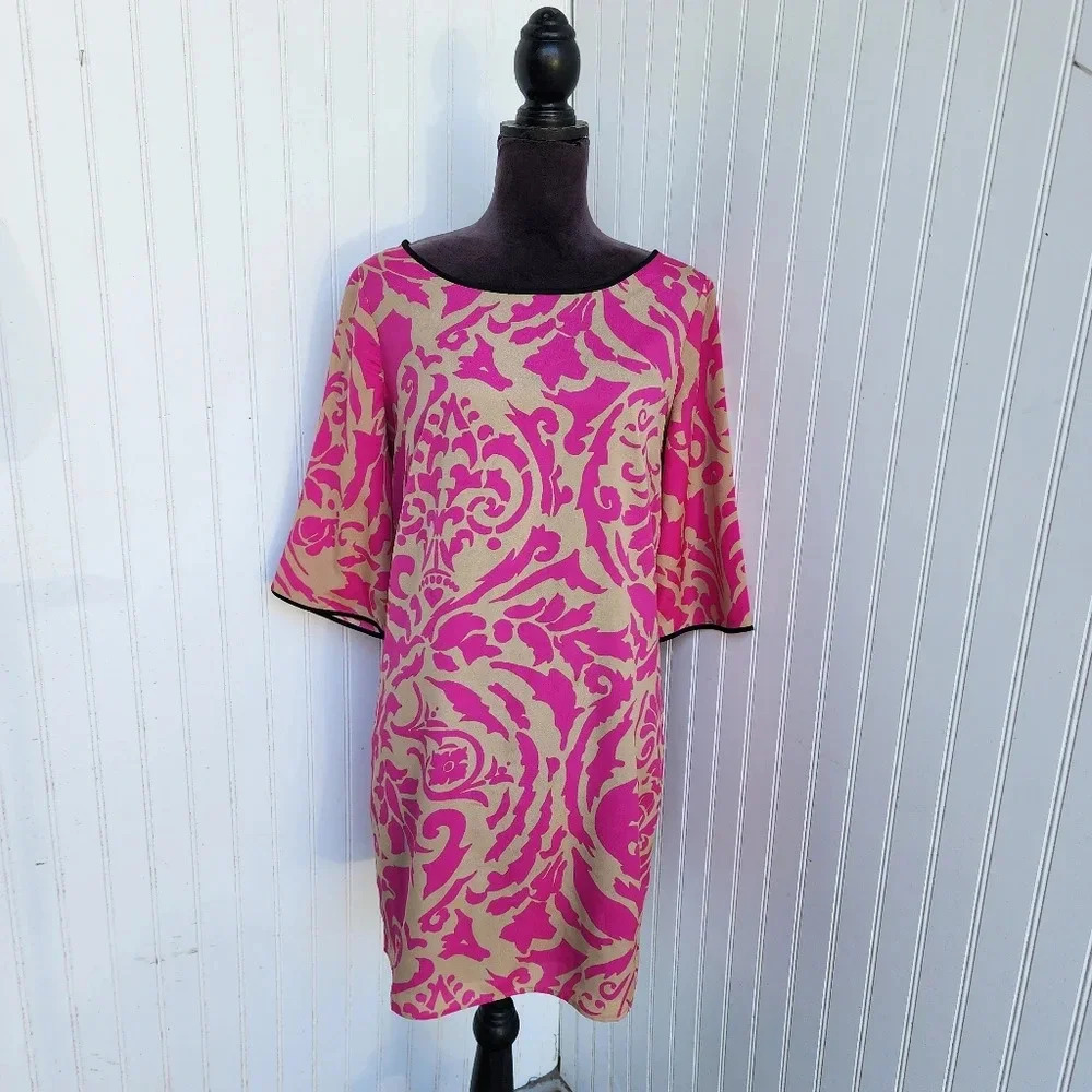 Ann Taylor LOFT Shift Dress Pink Tan Black 3/4 Sleeves Women’s Damask Tunic Sz 6